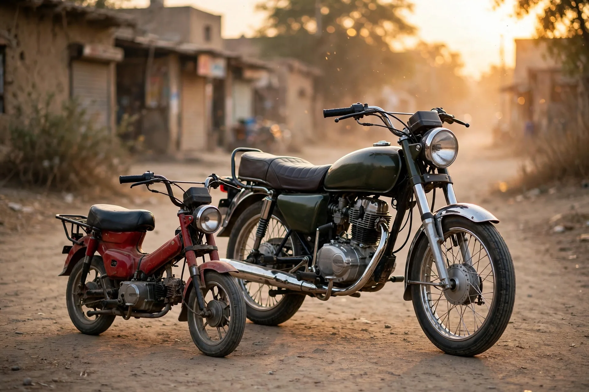 Two commuter motorcycles - a 70cc and a 125cc bike - on a Pakistani street at golden hour