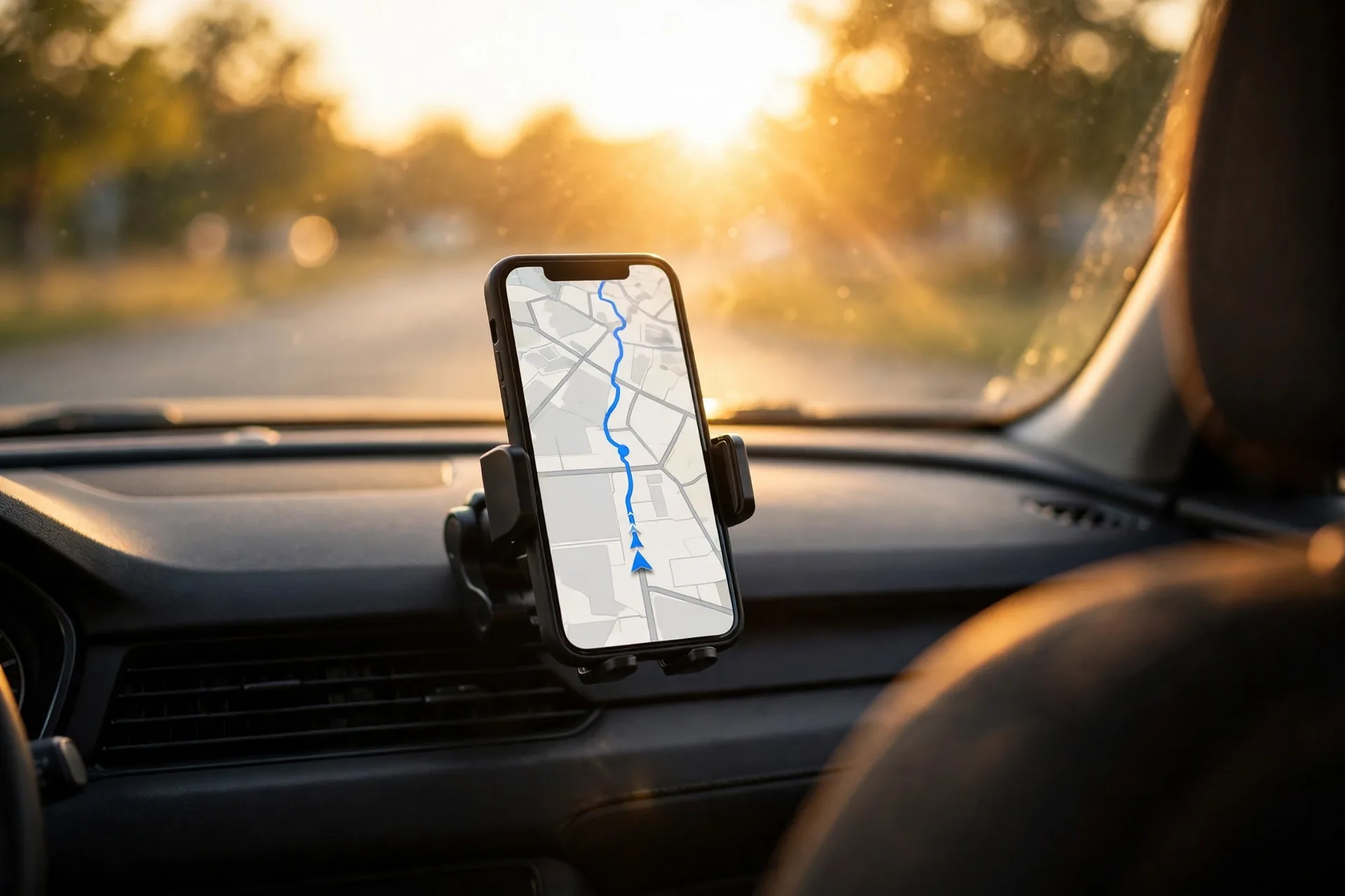 Smartphone mounted on a car dashboard showing navigation