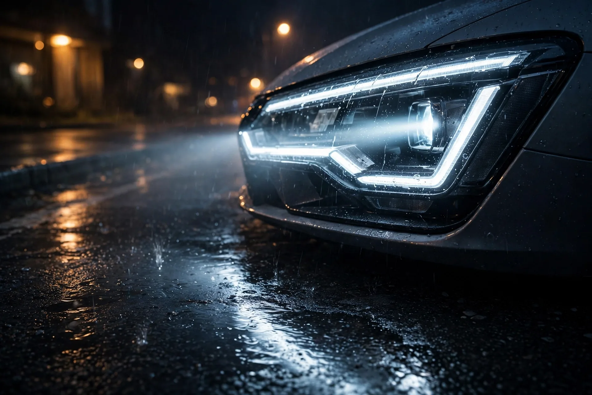 Car LED headlight glowing at night