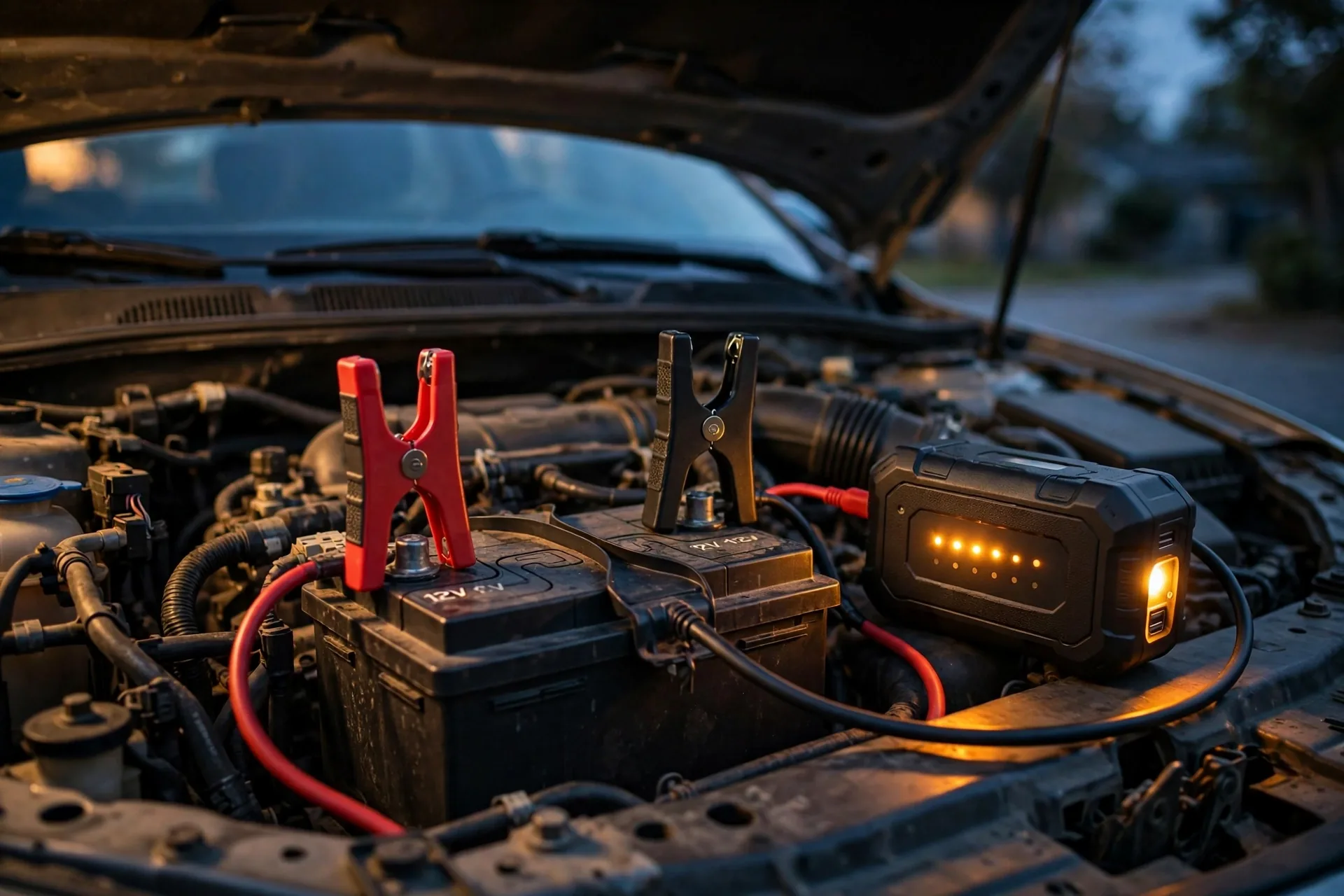 Portable car jump starter with jumper clamps connected to a car battery