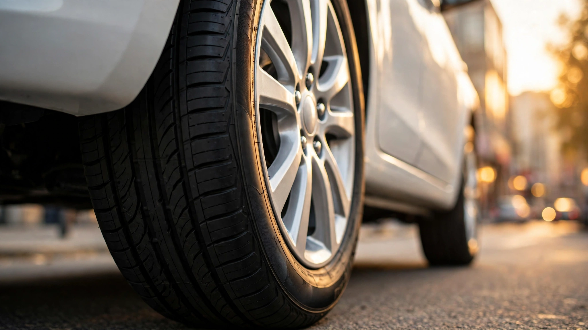 Brand-new car tyre with deep tread on a silver alloy wheel in golden-hour light — best tyres for Suzuki Cultus in Pakistan