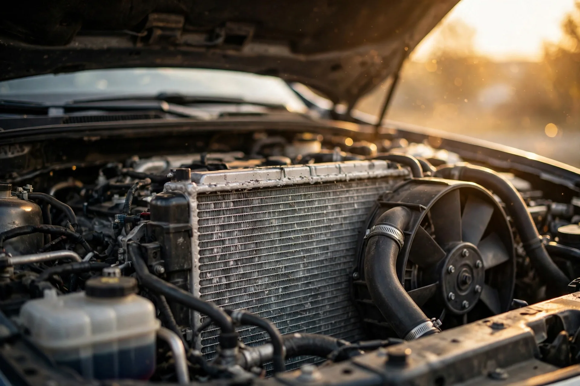 Car radiator and engine cooling system under open hood in warm sunlight